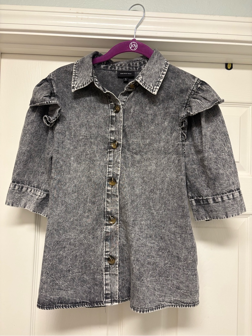 Who What Wear Black Acid-Wash Denim Button Up Puff Sleeve Peplum Boho Small